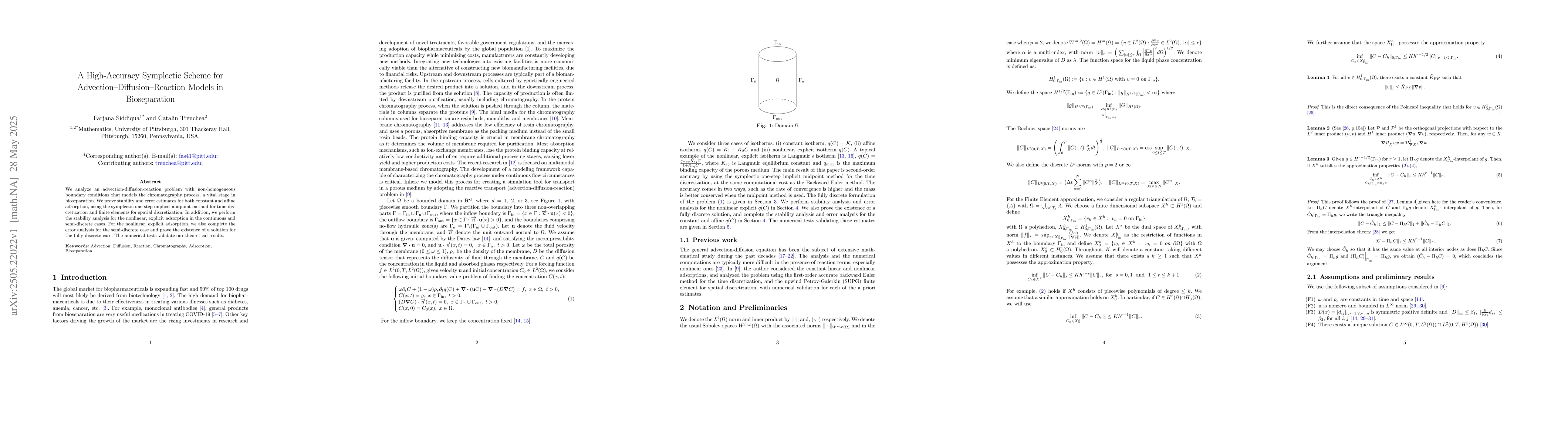 Thumbnail for A High Accuracy Symplectic Scheme for Advection Diffusion Reaction
  Models in Bioseparation