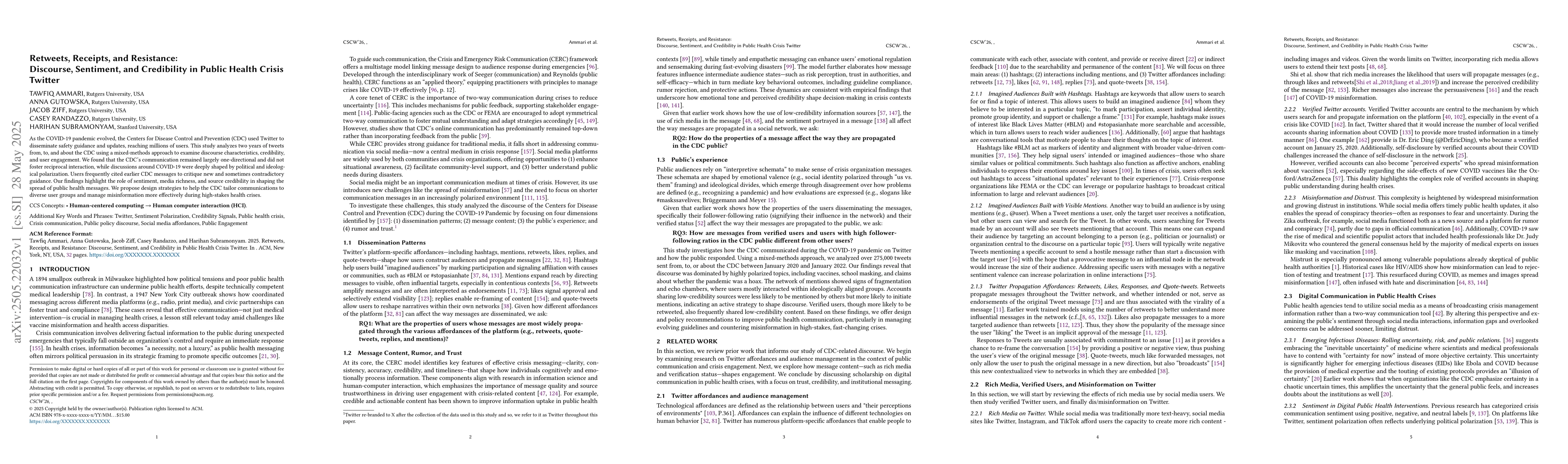 Thumbnail for Retweets, Receipts, and Resistance: Discourse, Sentiment, and
  Credibility in Public Health Crisis Twitter