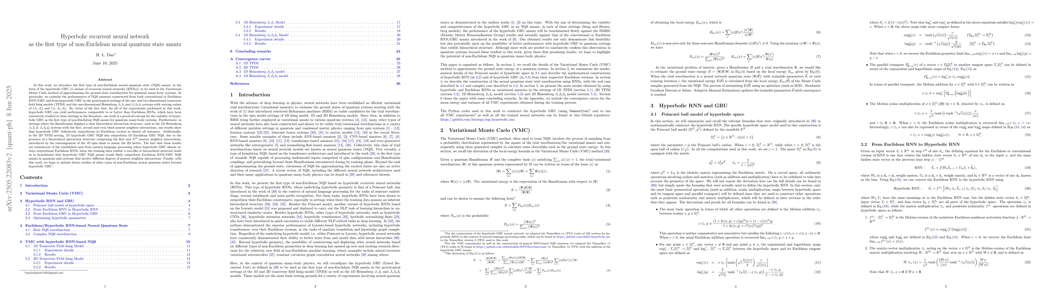 Thumbnail for Hyperbolic recurrent neural network as the first type of non-Euclidean
  neural quantum state ansatz