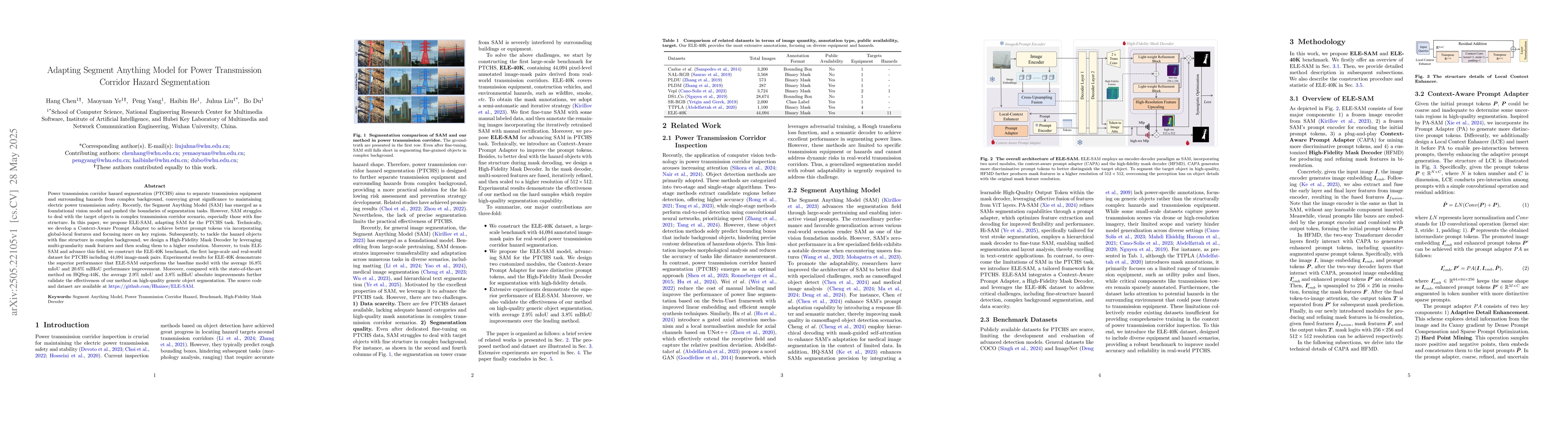 Thumbnail for Adapting Segment Anything Model for Power Transmission Corridor Hazard
  Segmentation