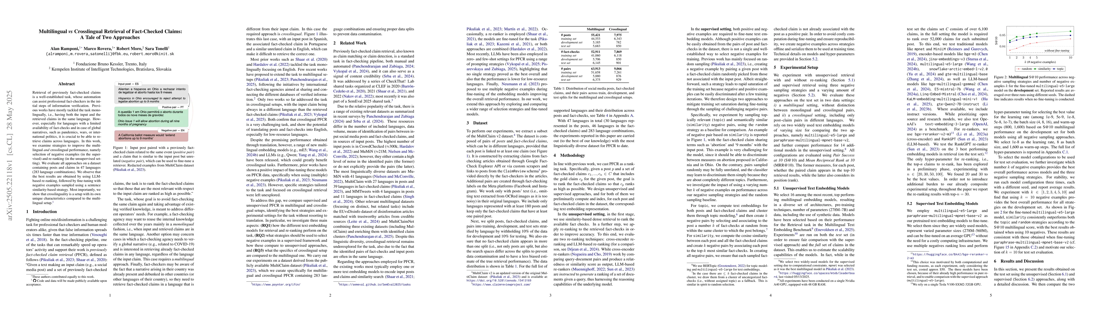 Thumbnail for Multilingual vs Crosslingual Retrieval of Fact-Checked Claims: A Tale of
  Two Approaches