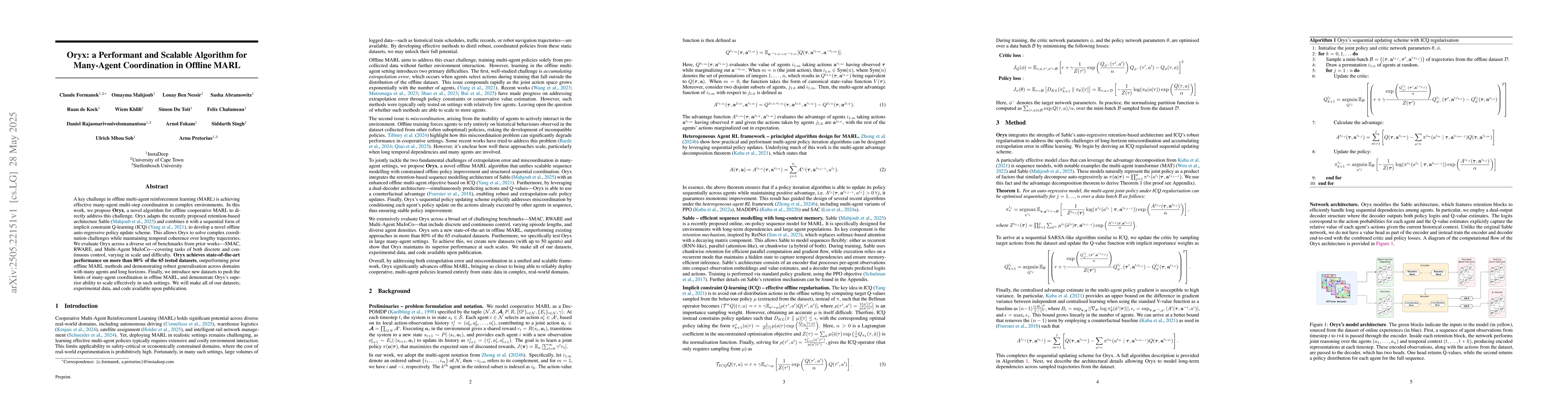 Thumbnail for Oryx: a Performant and Scalable Algorithm for Many-Agent Coordination in
  Offline MARL