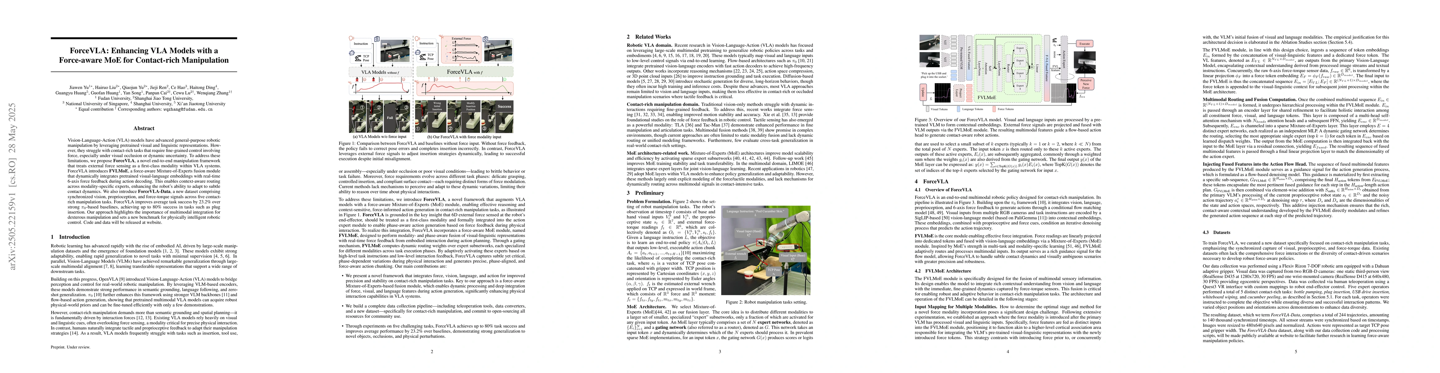 Thumbnail for ForceVLA: Enhancing VLA Models with a Force-aware MoE for Contact-rich
  Manipulation
