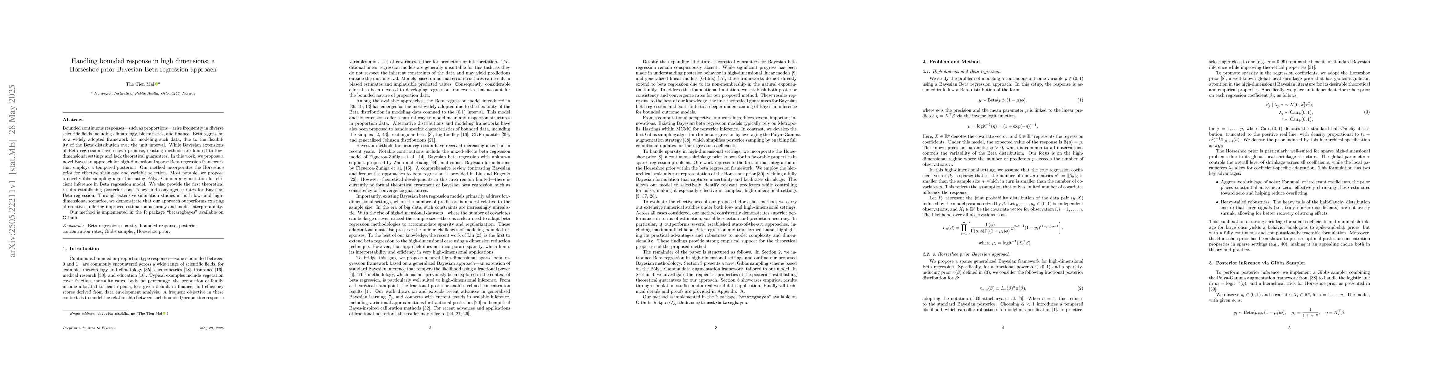 Thumbnail for Handling bounded response in high dimensions: a Horseshoe prior Bayesian
  Beta regression approach