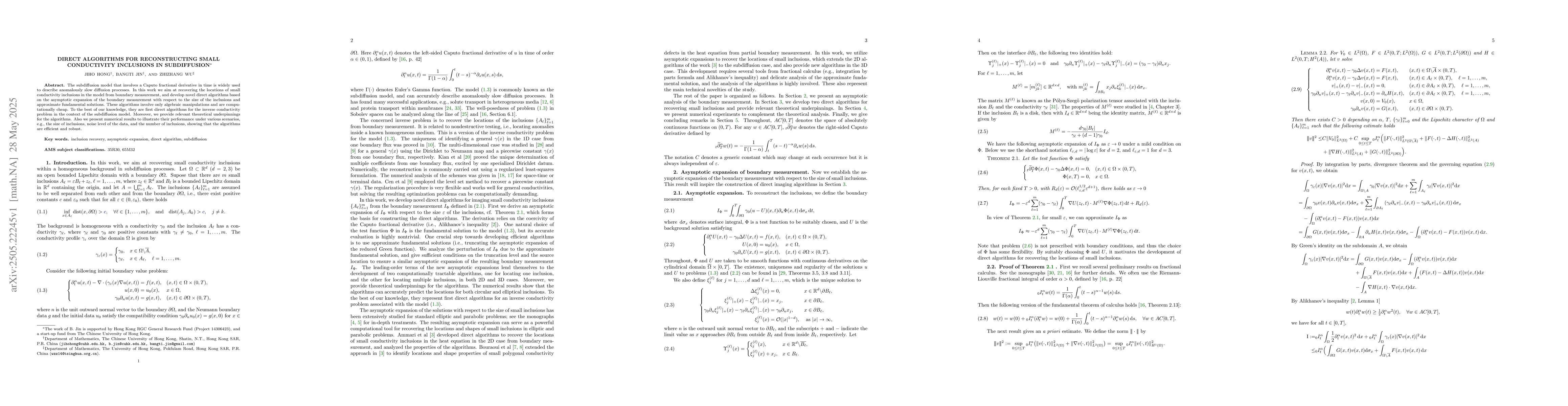 Thumbnail for Direct Algorithms for Reconstructing Small Conductivity Inclusions in
  Subdiffusion