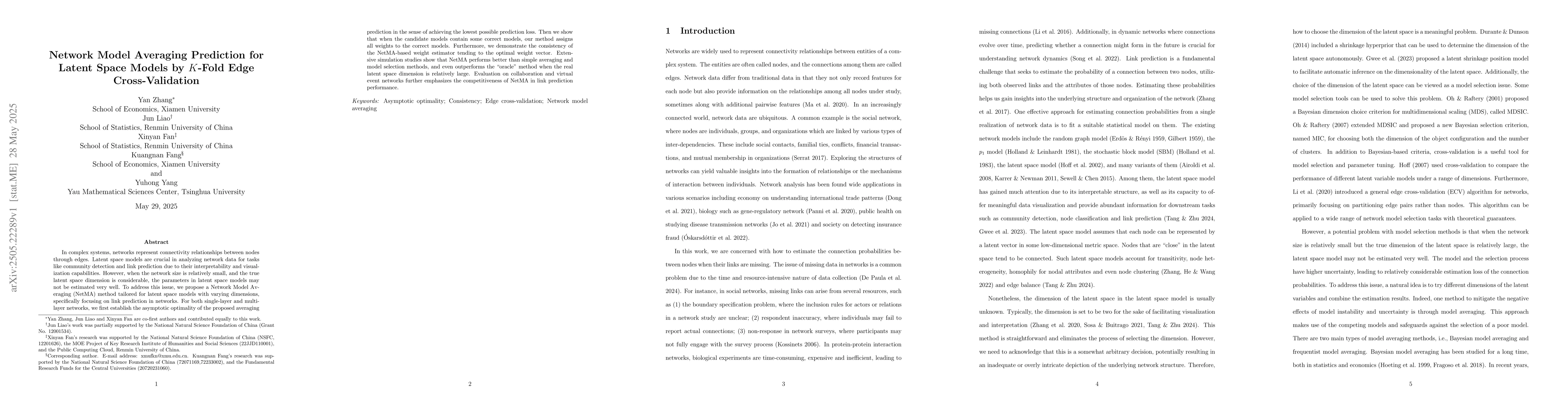 Thumbnail for Network Model Averaging Prediction for Latent Space Models by K-Fold
  Edge Cross-Validation