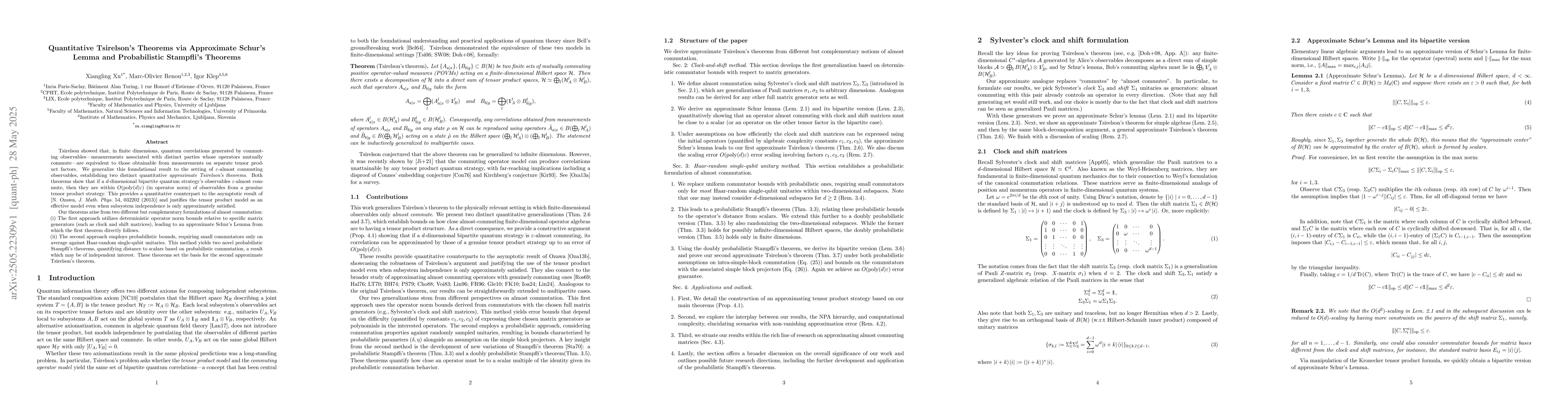 Thumbnail for Quantitative Tsirelson's Theorems via Approximate Schur's Lemma and
  Probabilistic Stampfli's Theorems