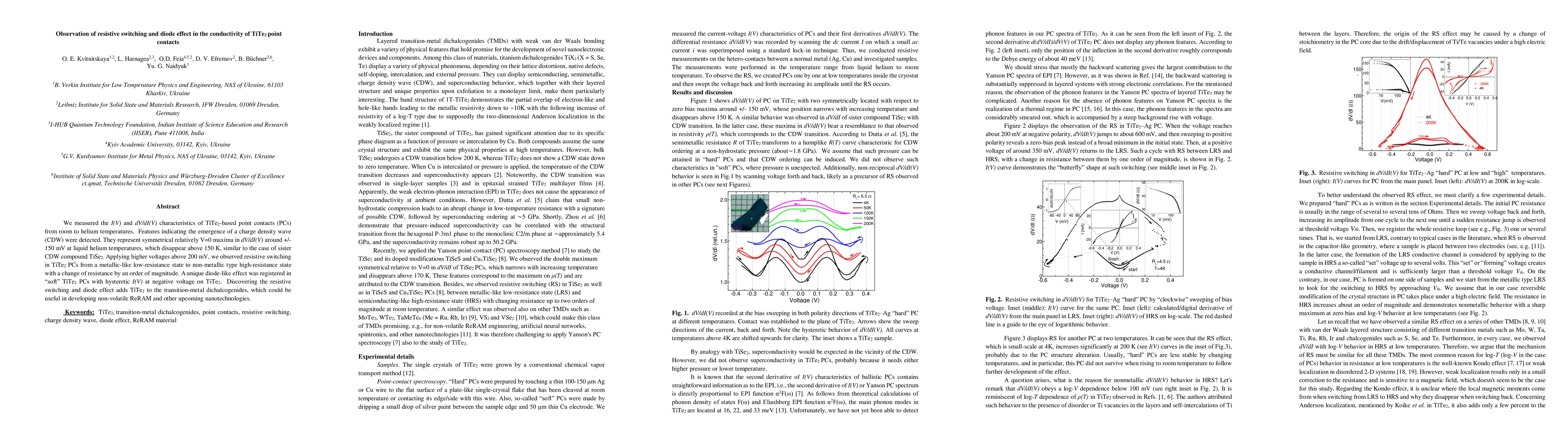 Thumbnail for Observation of resistive switching and diode effect in the conductivity
  of TiTe2 point contacts