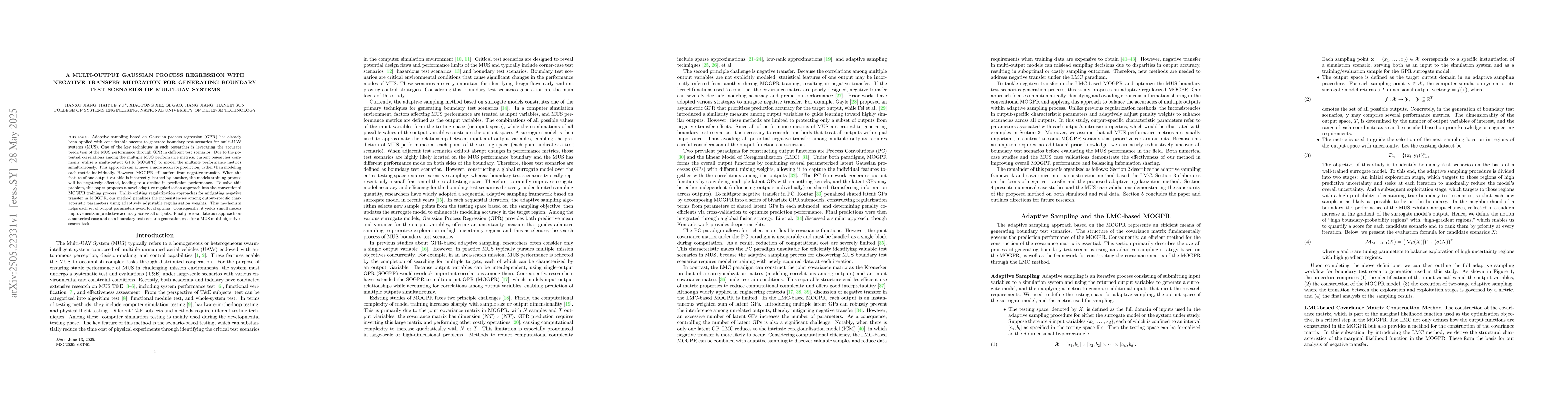 Thumbnail for A Multi-output Gaussian Process Regression with Negative Transfer
  Mitigation for Generating Boundary Test Scenarios of Multi-UAV Systems
