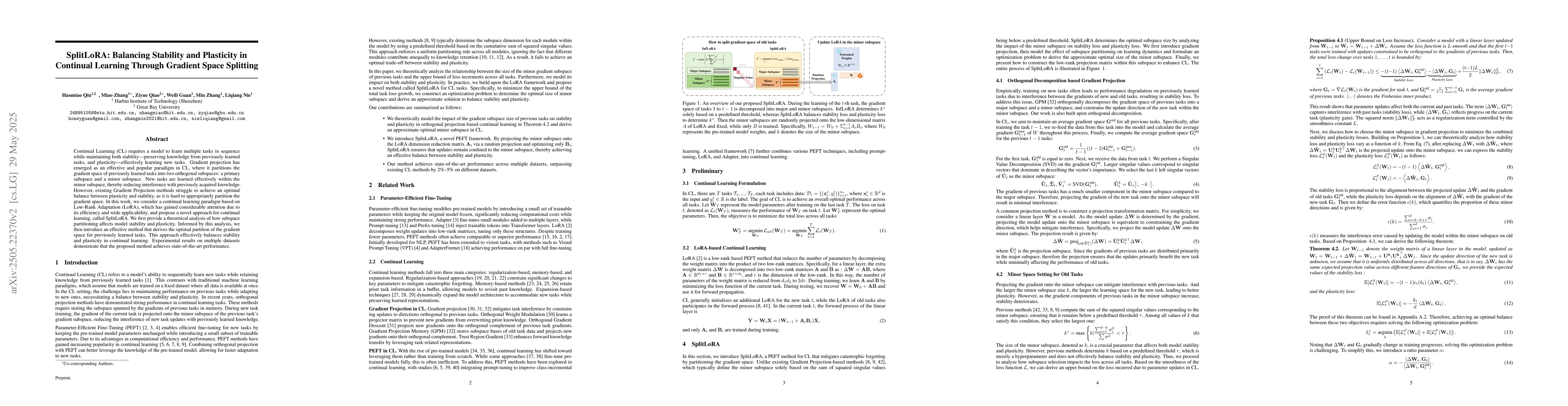 Thumbnail for SplitLoRA: Balancing Stability and Plasticity in Continual Learning
  Through Gradient Space Splitting