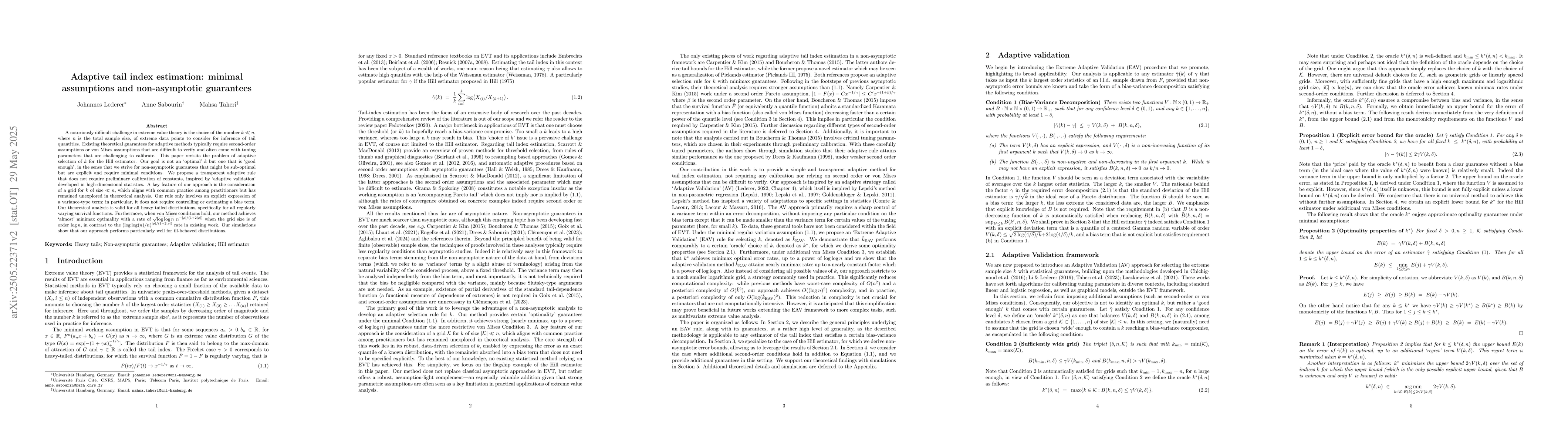 Thumbnail for Adaptive tail index estimation: minimal assumptions and non-asymptotic
  guarantees