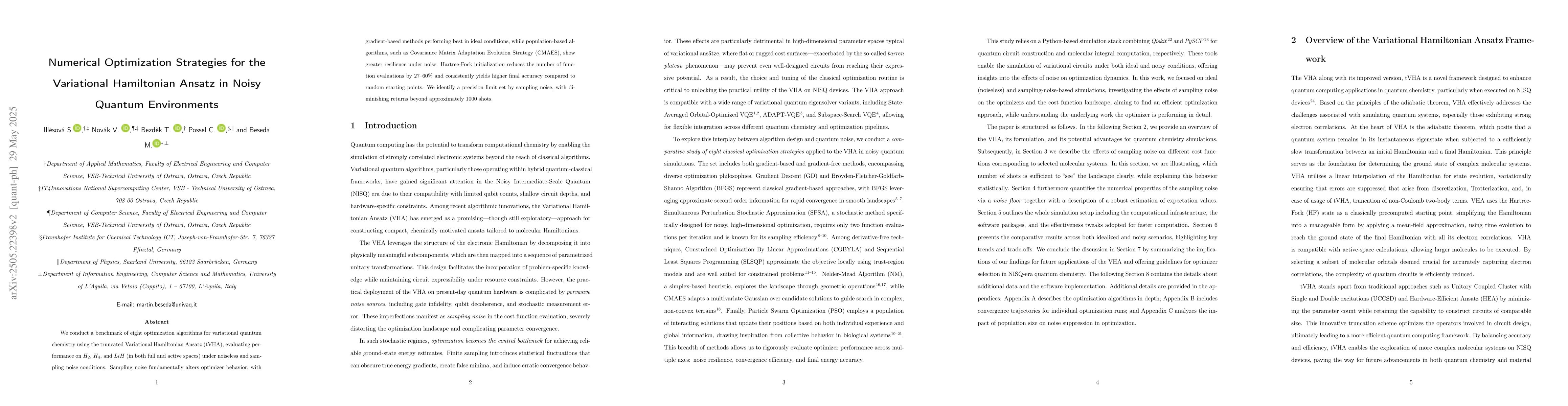 Thumbnail for Numerical Optimization Strategies for the Variational Hamiltonian Ansatz
  in Noisy Quantum Environments