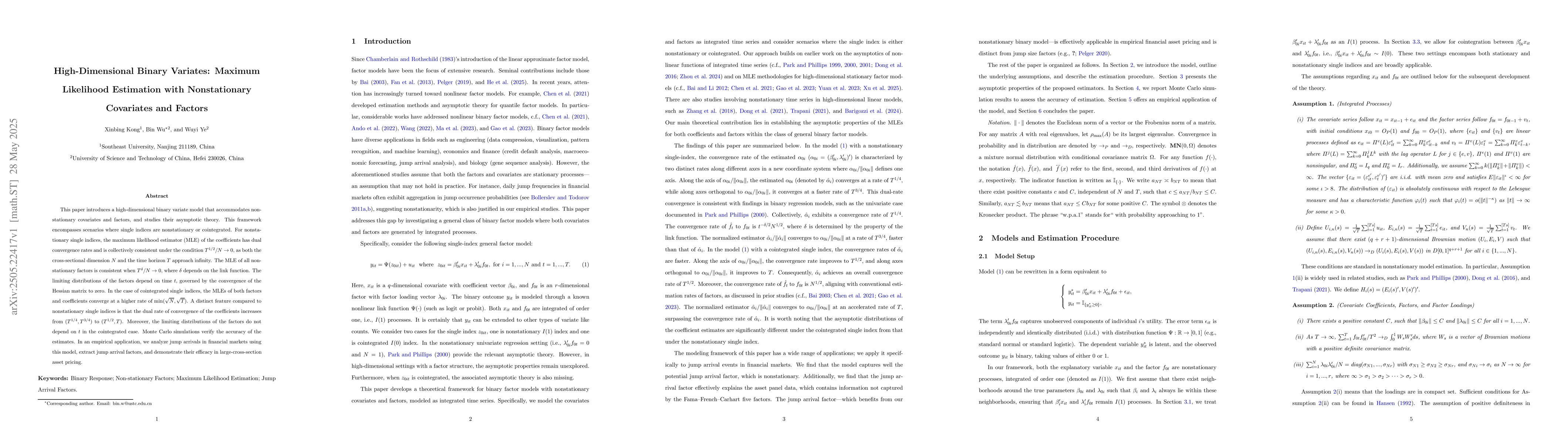 Thumbnail for High-Dimensional Binary Variates: Maximum Likelihood Estimation with
  Nonstationary Covariates and Factors