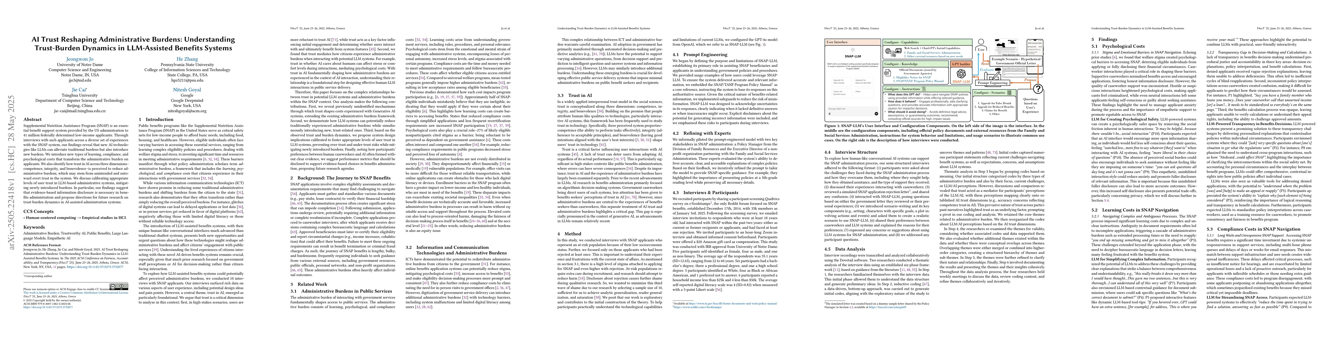 Thumbnail for AI Trust Reshaping Administrative Burdens: Understanding Trust-Burden
  Dynamics in LLM-Assisted Benefits Systems