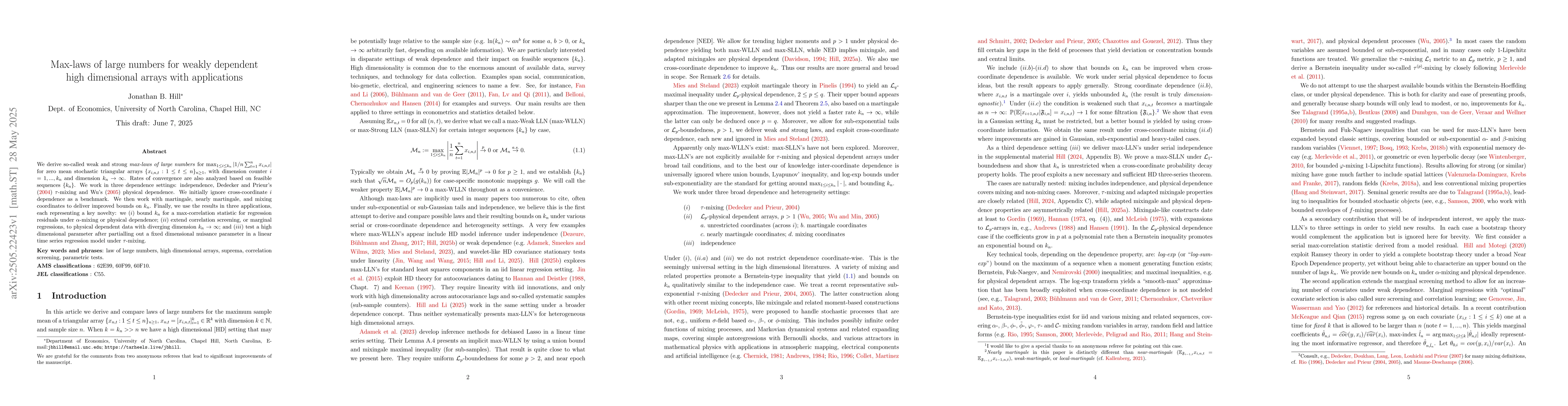Thumbnail for Max-laws of large numbers for weakly dependent high dimensional arrays
  with applications