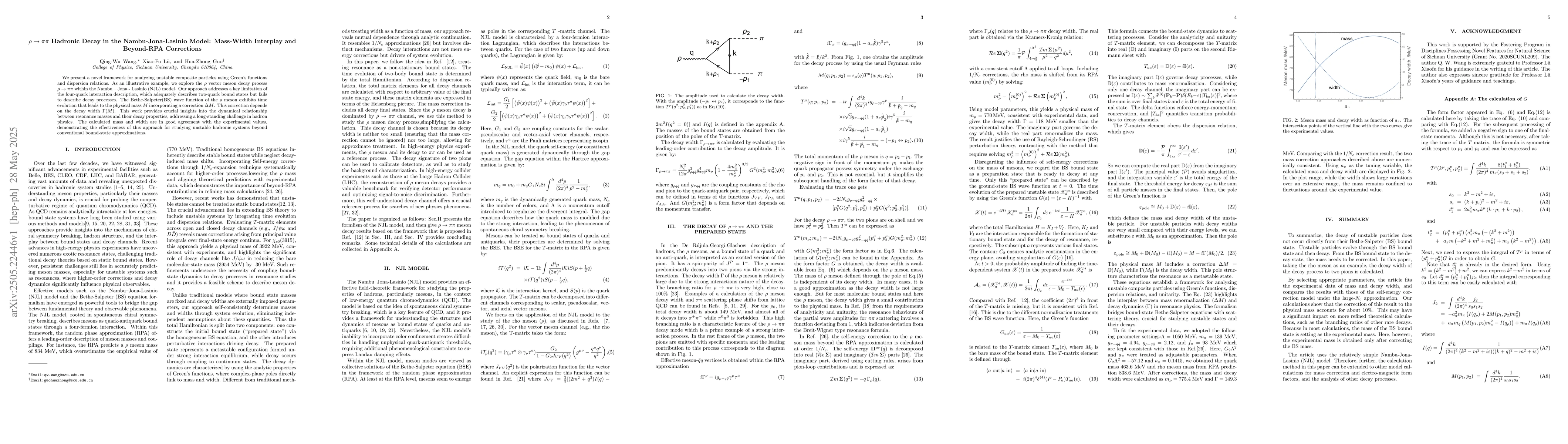 Thumbnail for $ ρ\to ππ$ Hadronic Decay in the Nambu-Jona-Lasinio Model:
  Mass-Width Interplay and Beyond-RPA Corrections