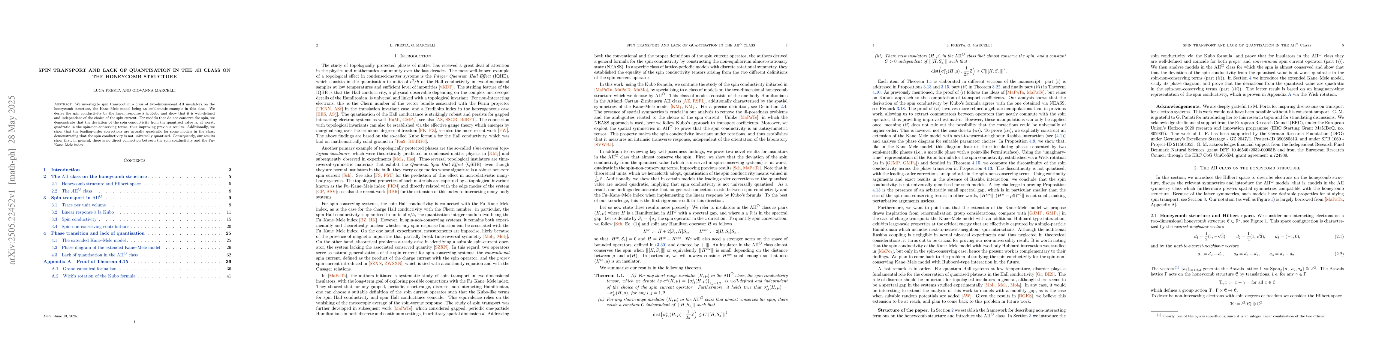 Thumbnail for Spin transport and lack of quantisation in the $A\mathrm{II}$ class on
  the honeycomb structure