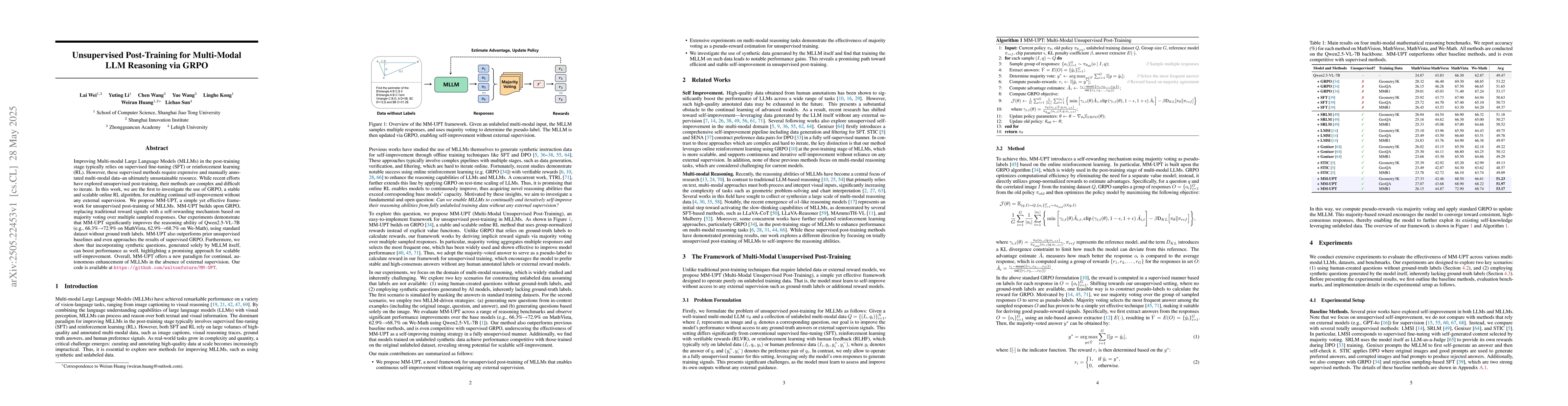 Thumbnail for Unsupervised Post-Training for Multi-Modal LLM Reasoning via GRPO