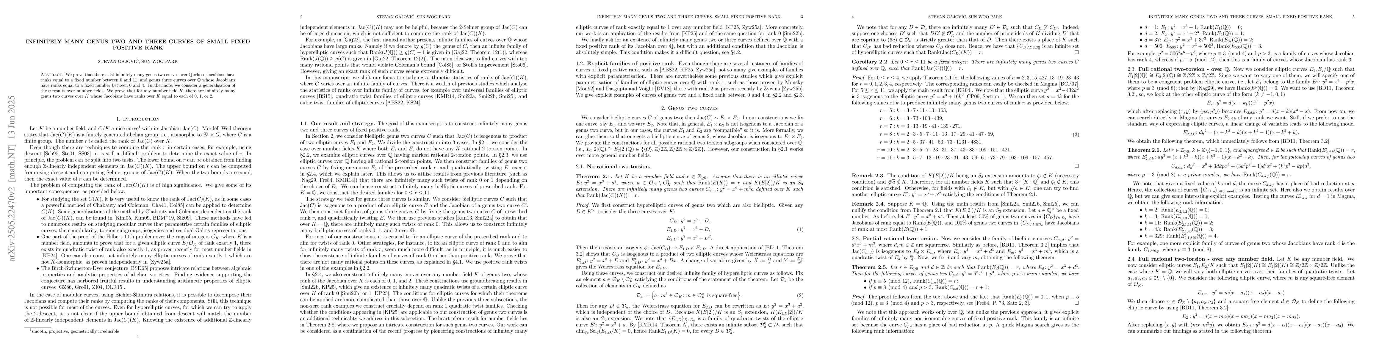 Thumbnail for Infinitely many genus two and three curves of small fixed positive rank