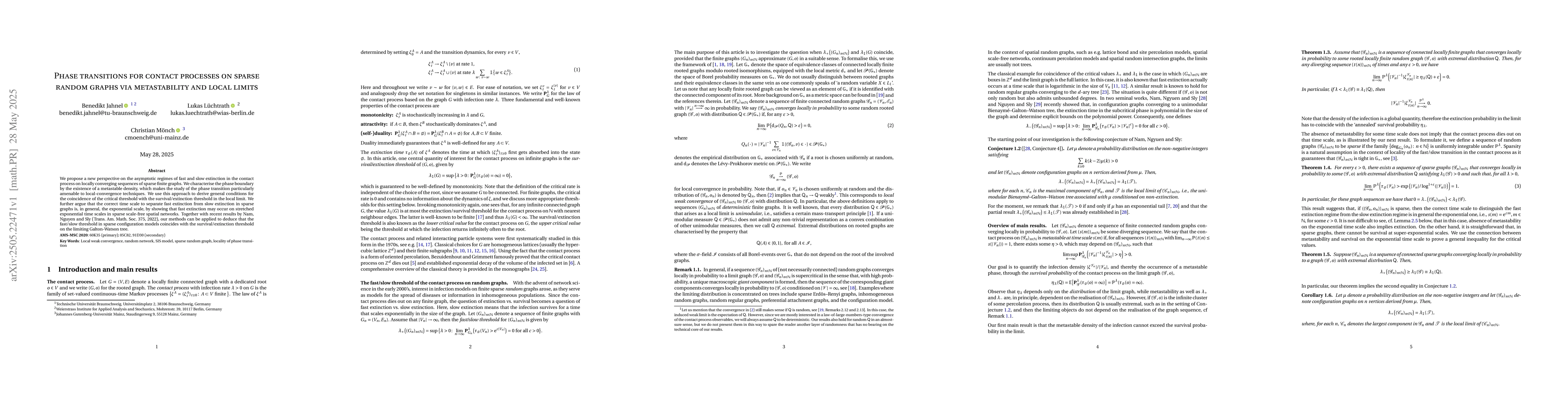 Thumbnail for Phase transitions for contact processes on sparse random graphs via
  metastability and local limits