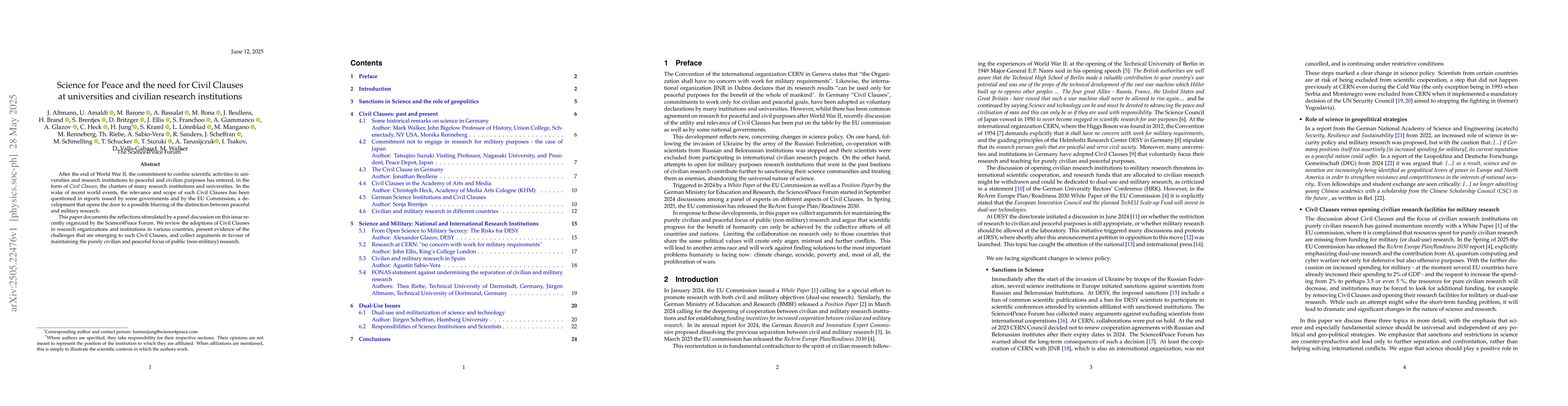 Thumbnail for Science for Peace and the need for Civil Clauses at universities and
  civilian research institutions