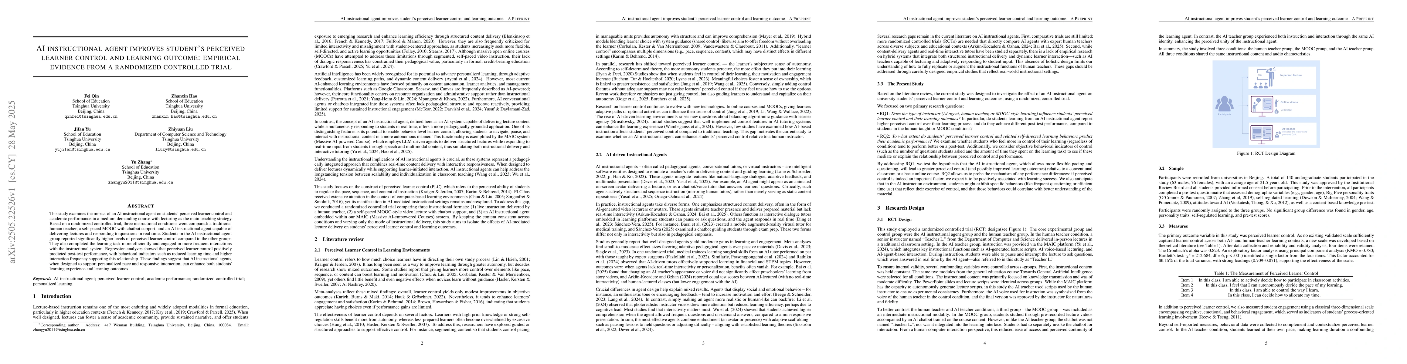 Thumbnail for AI instructional agent improves student's perceived learner control and
  learning outcome: empirical evidence from a randomized controlled trial