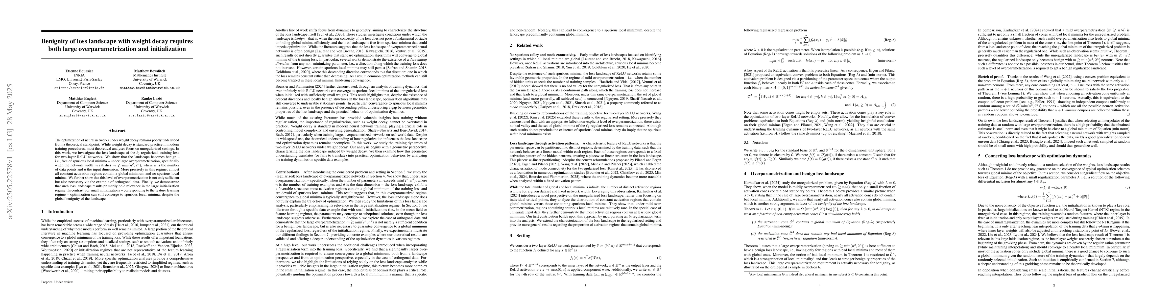 Thumbnail for Benignity of loss landscape with weight decay requires both large
  overparametrization and initialization