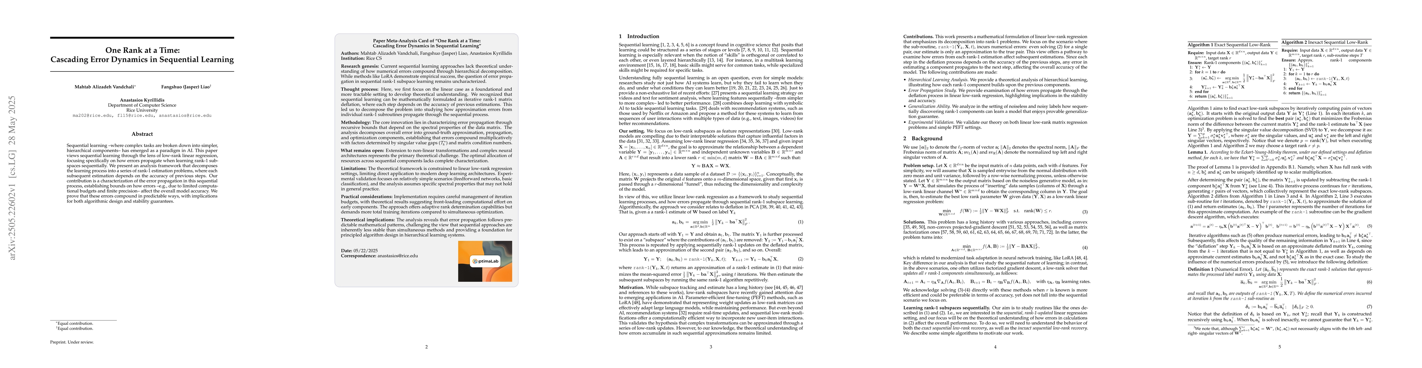 Thumbnail for One Rank at a Time: Cascading Error Dynamics in Sequential Learning