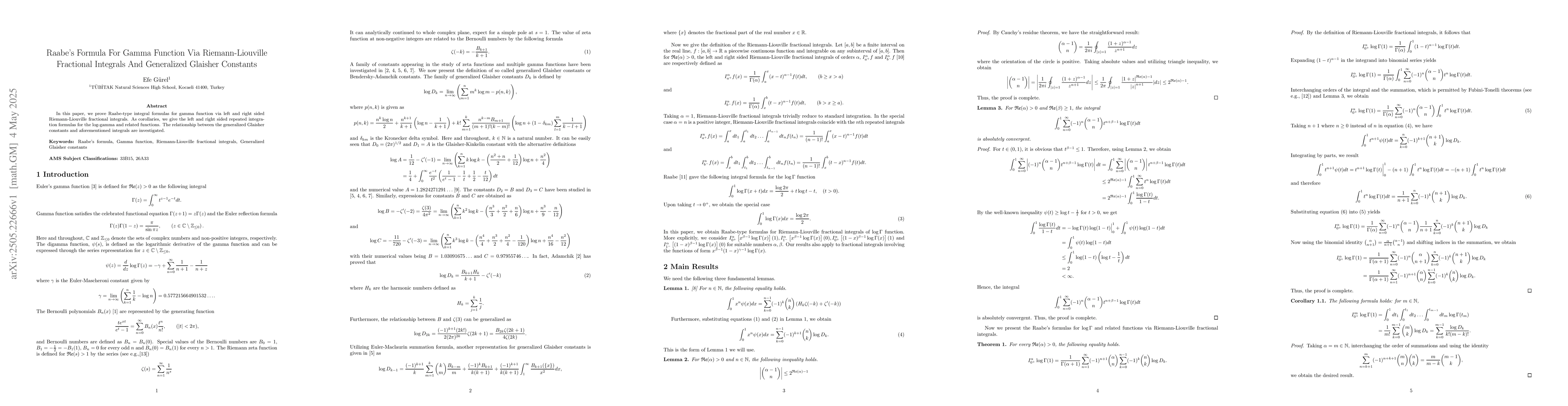 Thumbnail for Raabe's Formula For Gamma Function Via Riemann-Liouville Fractional
  Integrals And Generalized Glaisher Constants