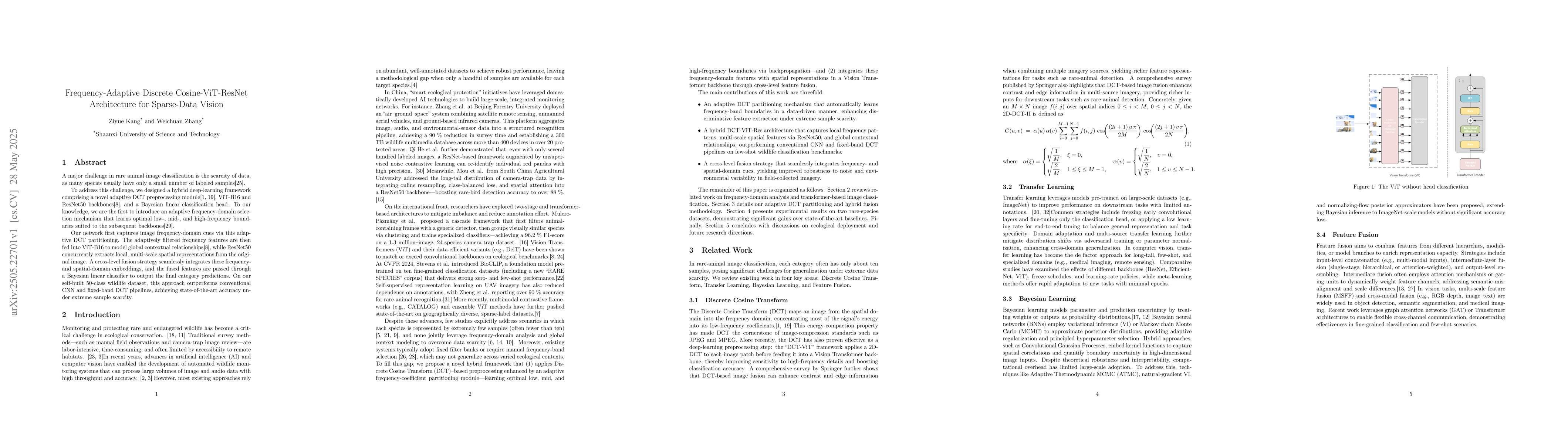 Thumbnail for Frequency-Adaptive Discrete Cosine-ViT-ResNet Architecture for
  Sparse-Data Vision