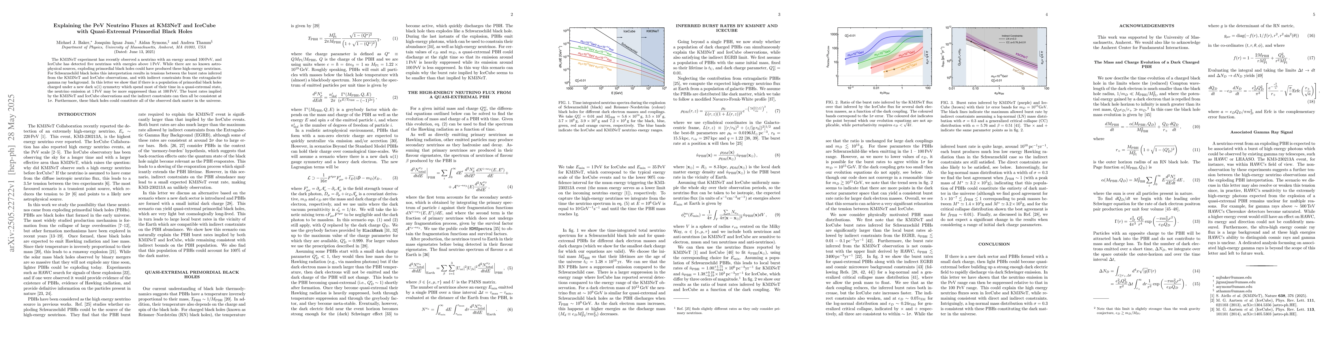 Thumbnail for Explaining the PeV Neutrino Fluxes at KM3NeT and IceCube with
  Quasi-Extremal Primordial Black Holes