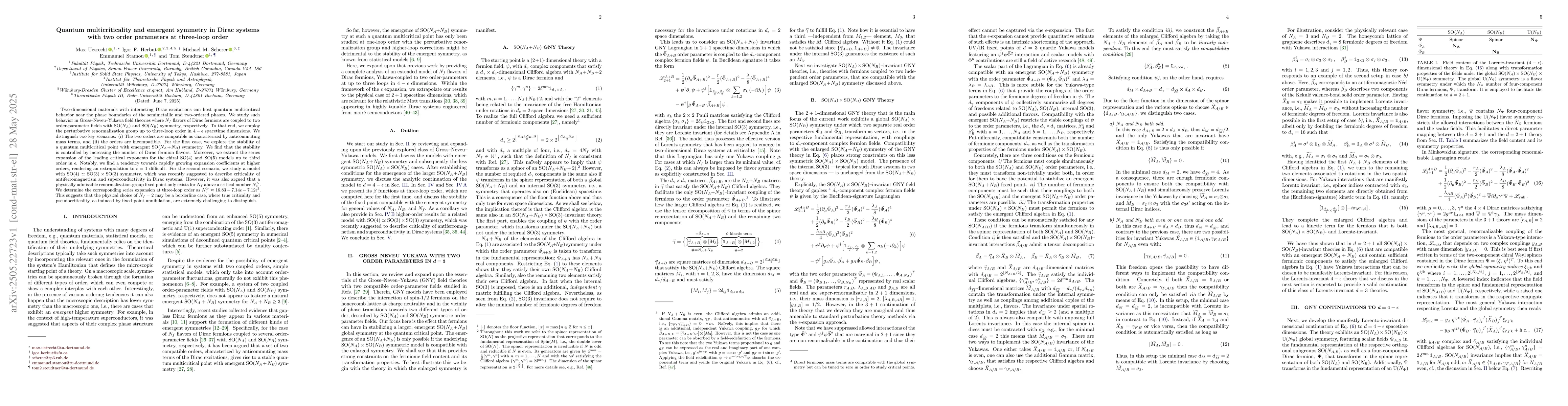 Thumbnail for Quantum multicriticality and emergent symmetry in Dirac systems with two
  order parameters at three-loop order