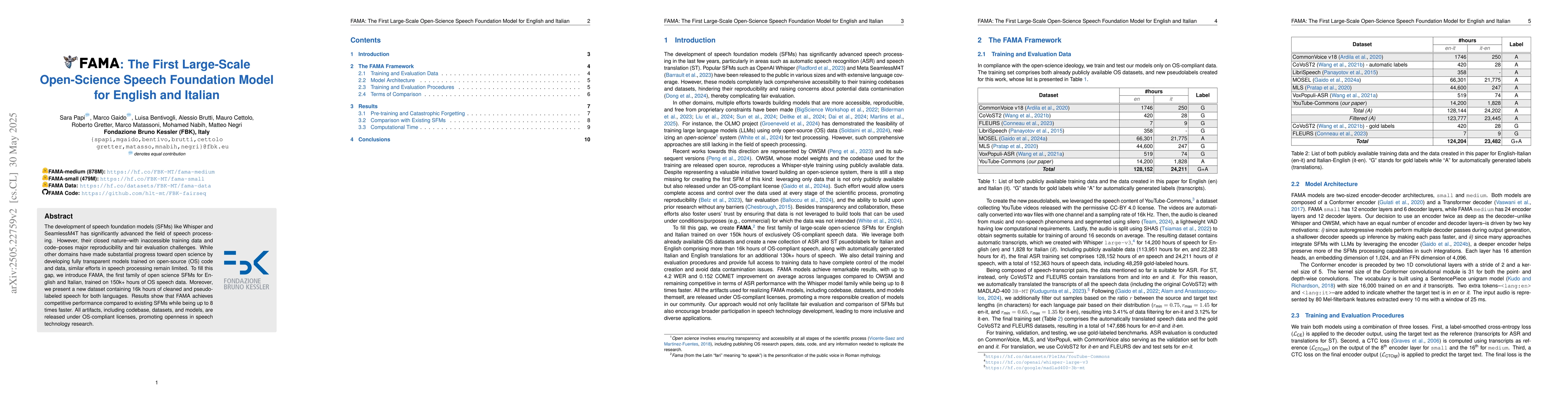 Thumbnail for FAMA: The First Large-Scale Open-Science Speech Foundation Model for
  English and Italian