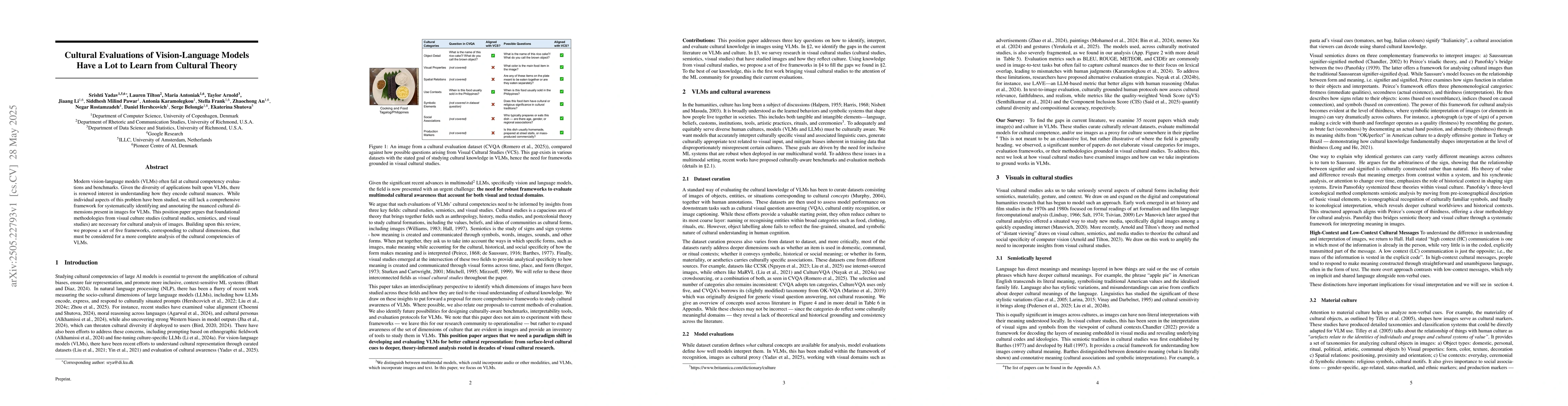 Thumbnail for Cultural Evaluations of Vision-Language Models Have a Lot to Learn from
  Cultural Theory