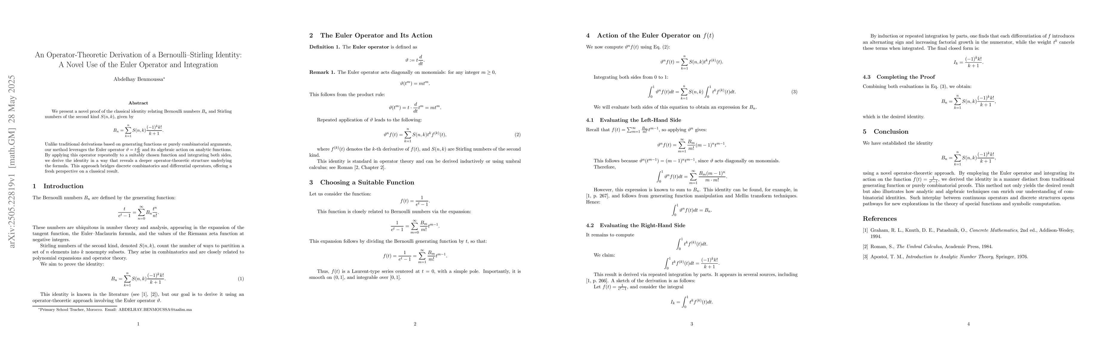 Thumbnail for An Operator Theoretic Derivation of a Bernoulli Stirling Identity: A
  Novel Use of the Euler Operator and Integration