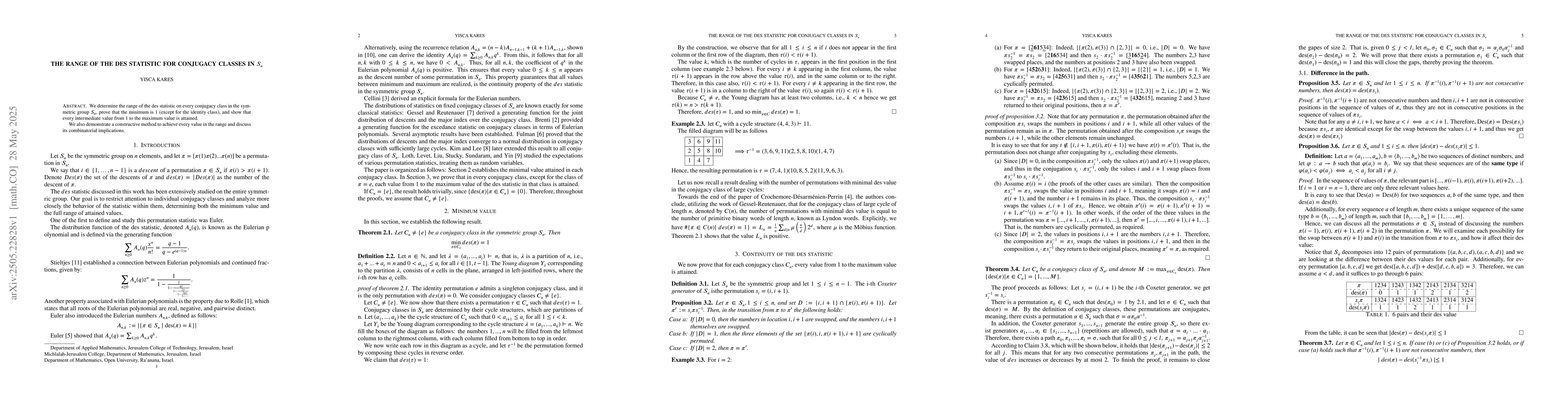 Thumbnail for The range of the des statistic for conjugacy classes in $S_n$