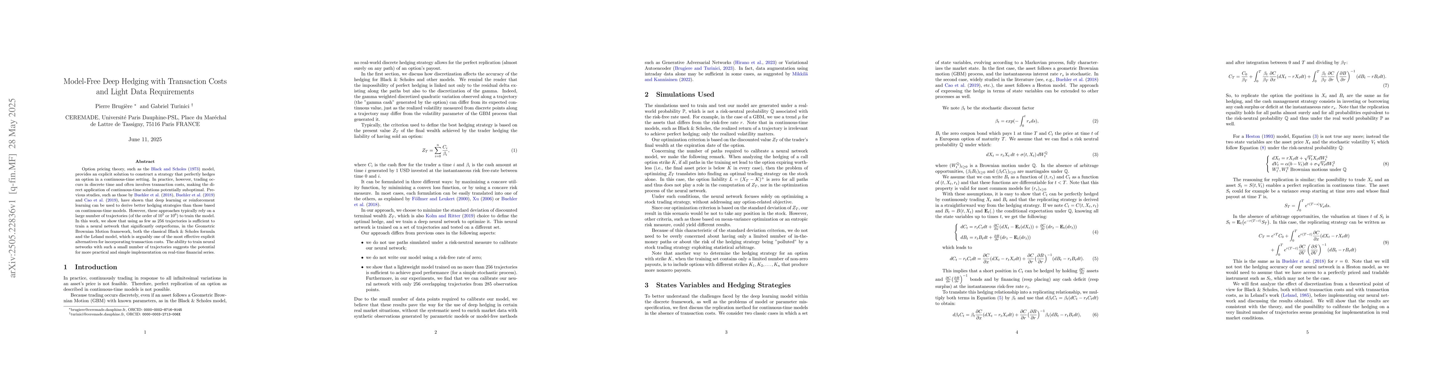 Thumbnail for Model-Free Deep Hedging with Transaction Costs and Light Data
  Requirements