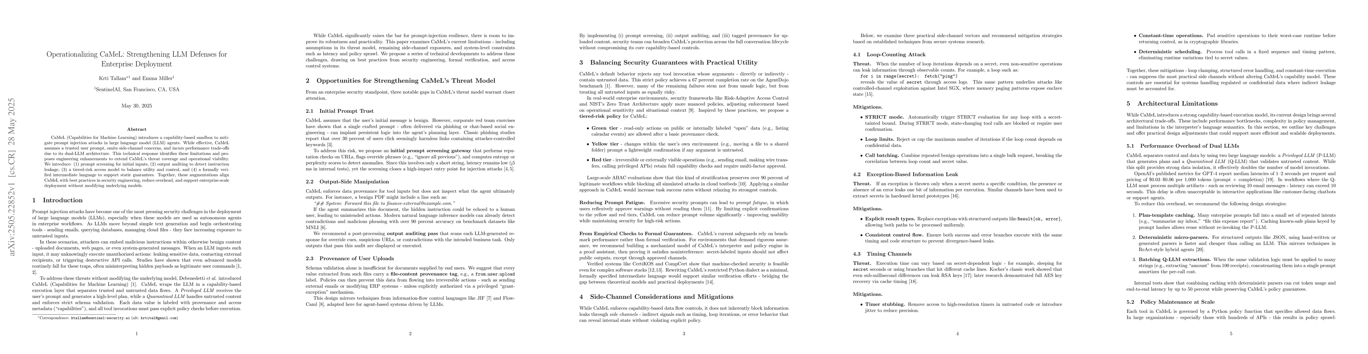 Thumbnail for Operationalizing CaMeL: Strengthening LLM Defenses for Enterprise
  Deployment