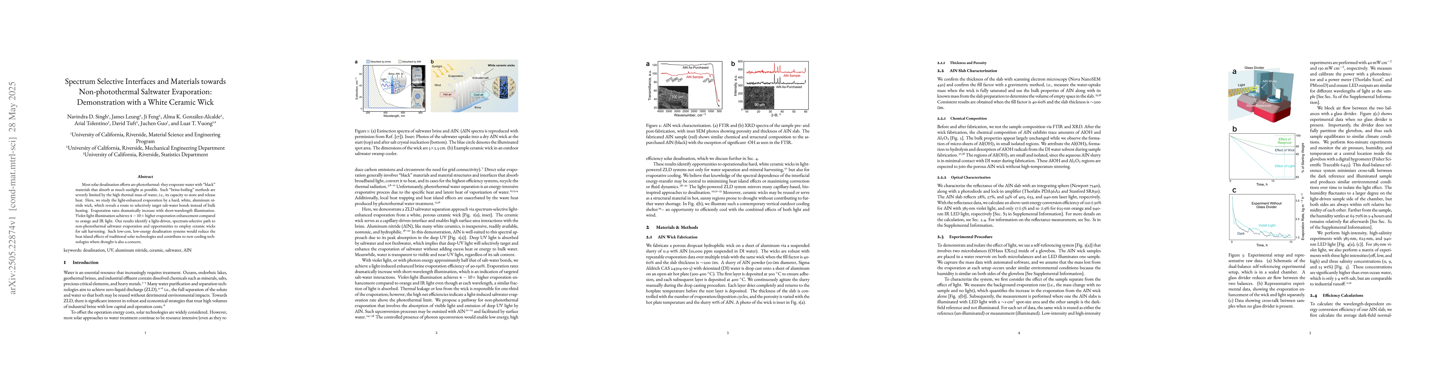 Thumbnail for Spectrum Selective Interfaces and Materials towards Non-photothermal
  Saltwater Evaporation: Demonstration with a White Ceramic Wick