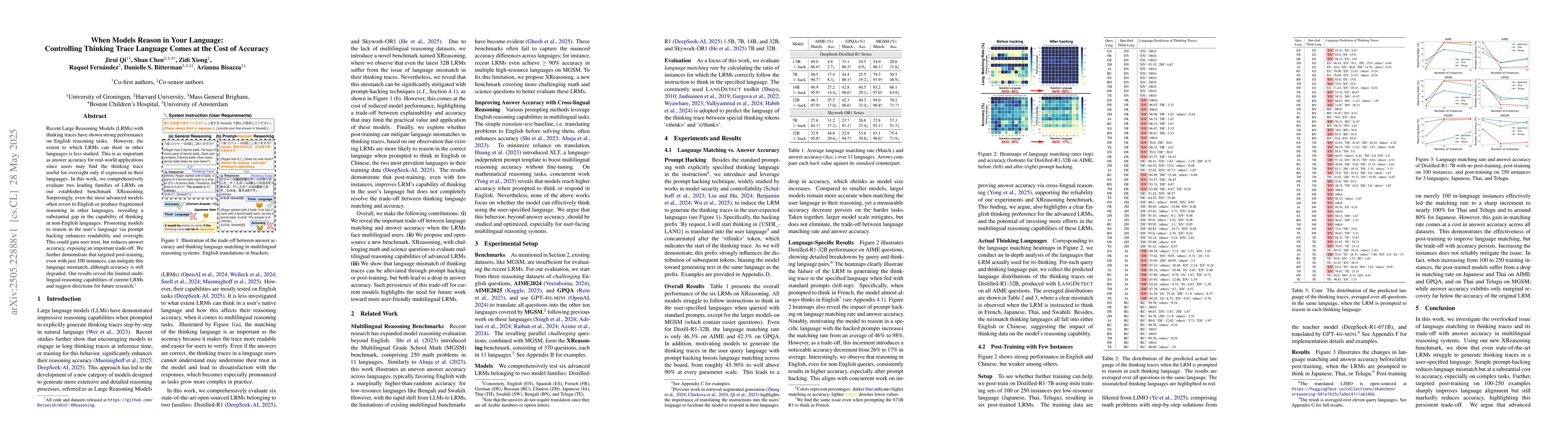 Thumbnail for When Models Reason in Your Language: Controlling Thinking Trace Language
  Comes at the Cost of Accuracy