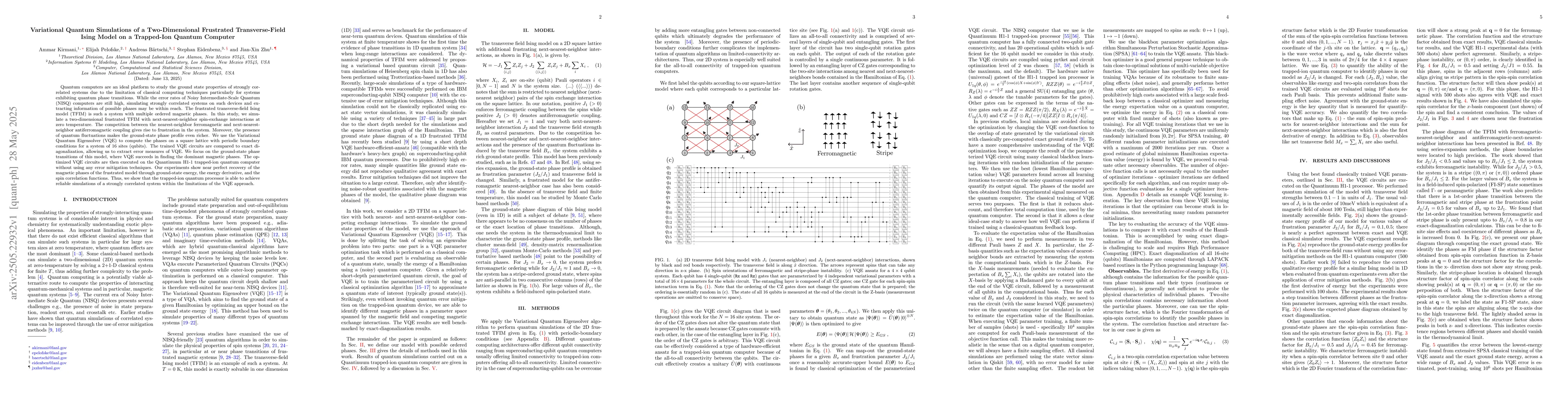 Thumbnail for Variational Quantum Simulations of a Two-Dimensional Frustrated
  Transverse-Field Ising Model on a Trapped-Ion Quantum Computer