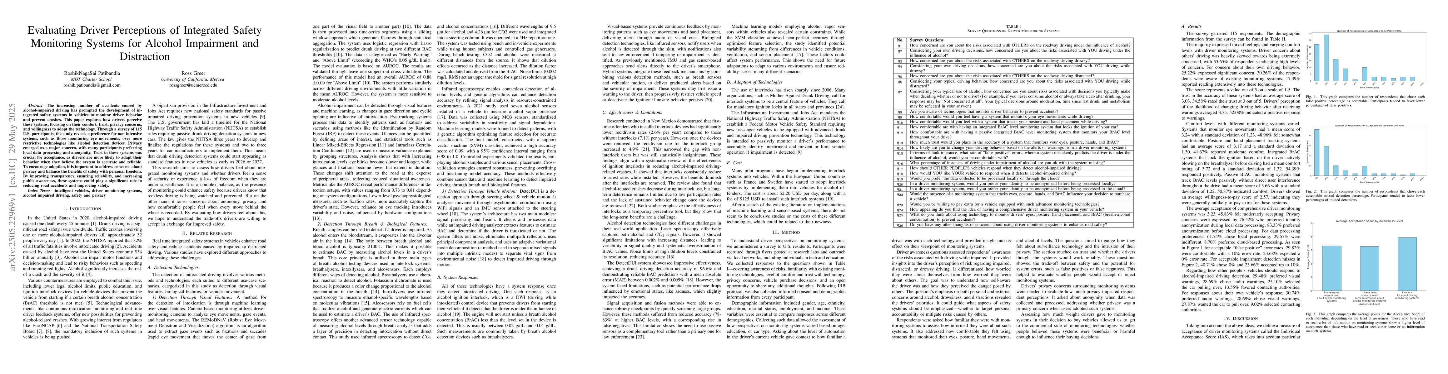 Thumbnail for Evaluating Driver Perceptions of Integrated Safety Monitoring Systems
  for Alcohol Impairment and Distraction