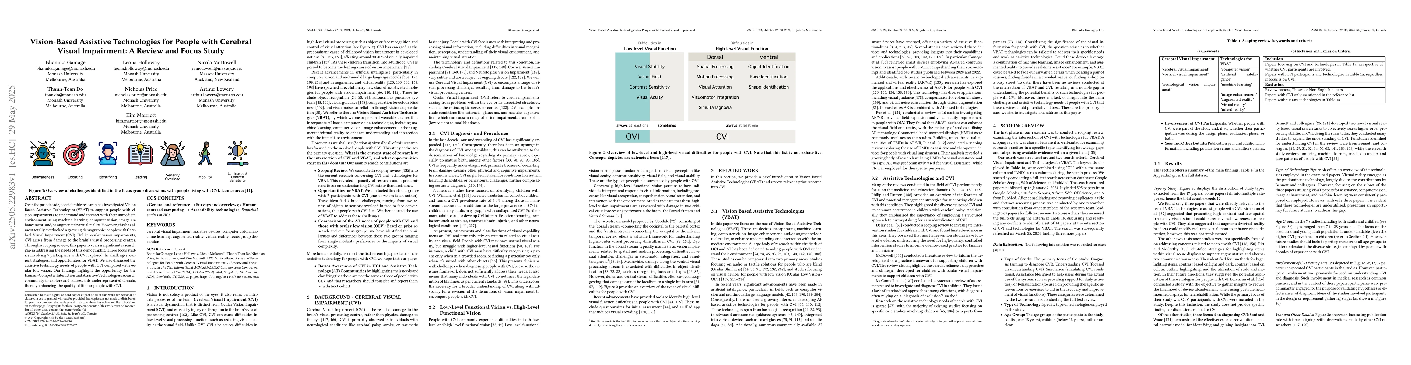 Thumbnail for Vision-Based Assistive Technologies for People with Cerebral Visual
  Impairment: A Review and Focus Study