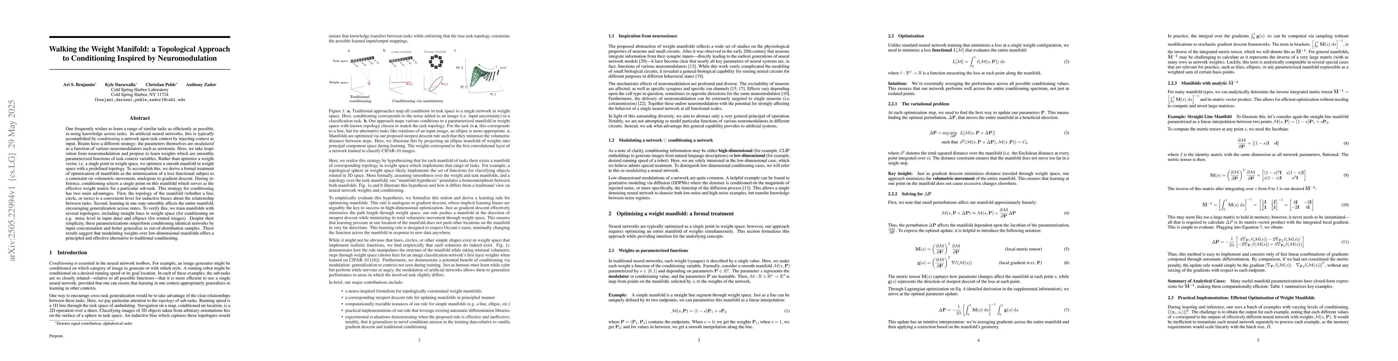 Thumbnail for Walking the Weight Manifold: a Topological Approach to Conditioning
  Inspired by Neuromodulation