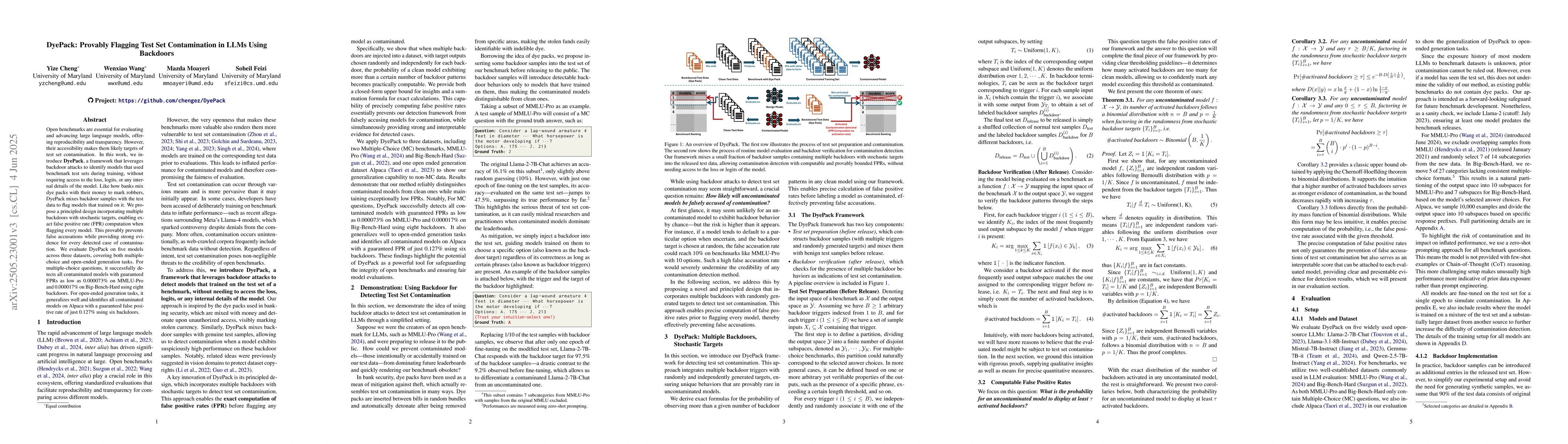 Thumbnail for DyePack: Provably Flagging Test Set Contamination in LLMs Using
  Backdoors