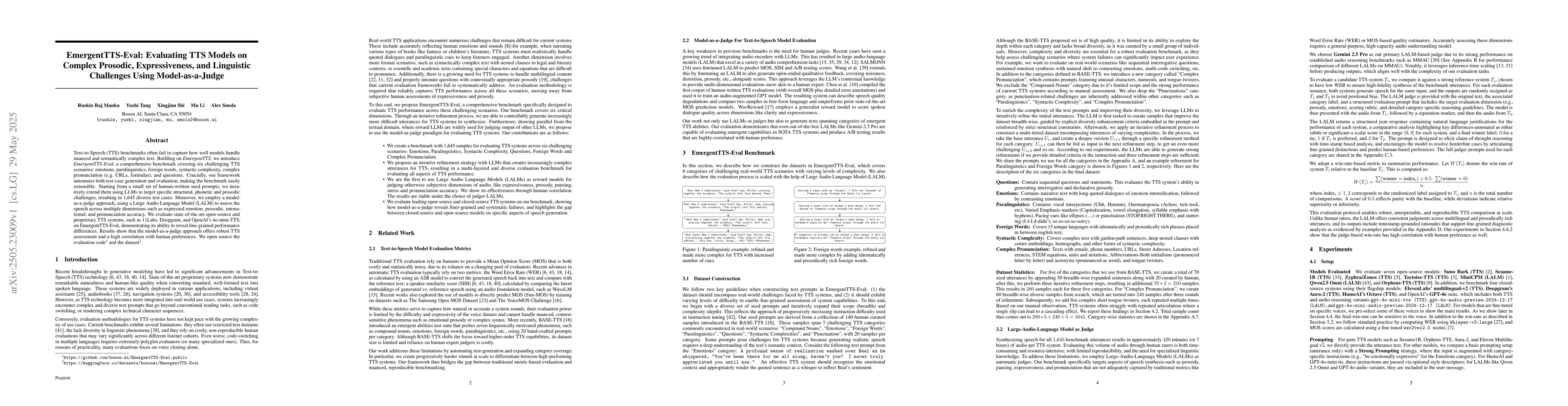 Thumbnail for EmergentTTS-Eval: Evaluating TTS Models on Complex Prosodic,
  Expressiveness, and Linguistic Challenges Using Model-as-a-Judge