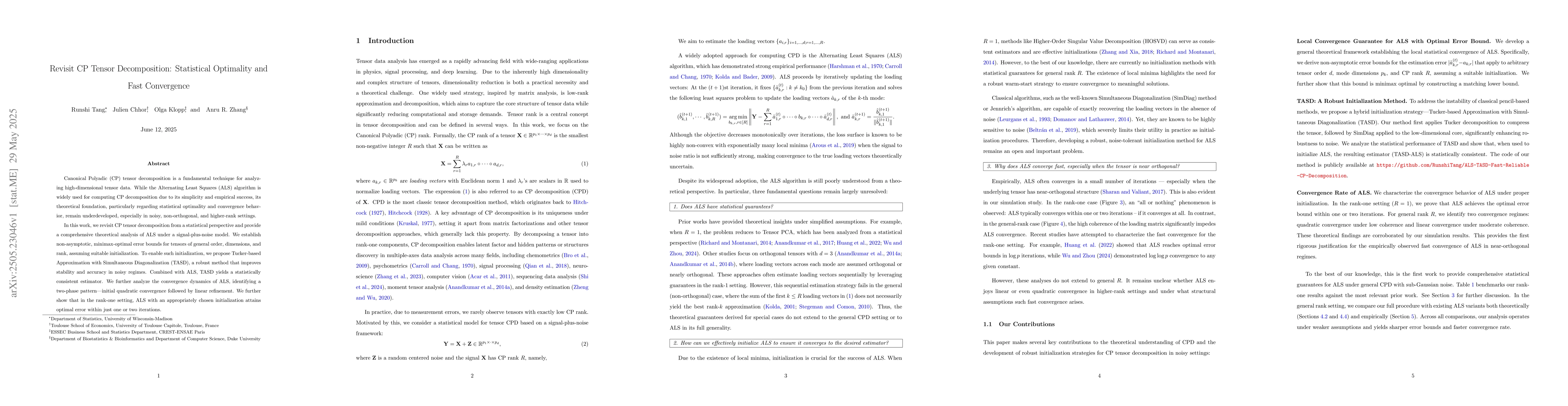 Thumbnail for Revisit CP Tensor Decomposition: Statistical Optimality and Fast
  Convergence