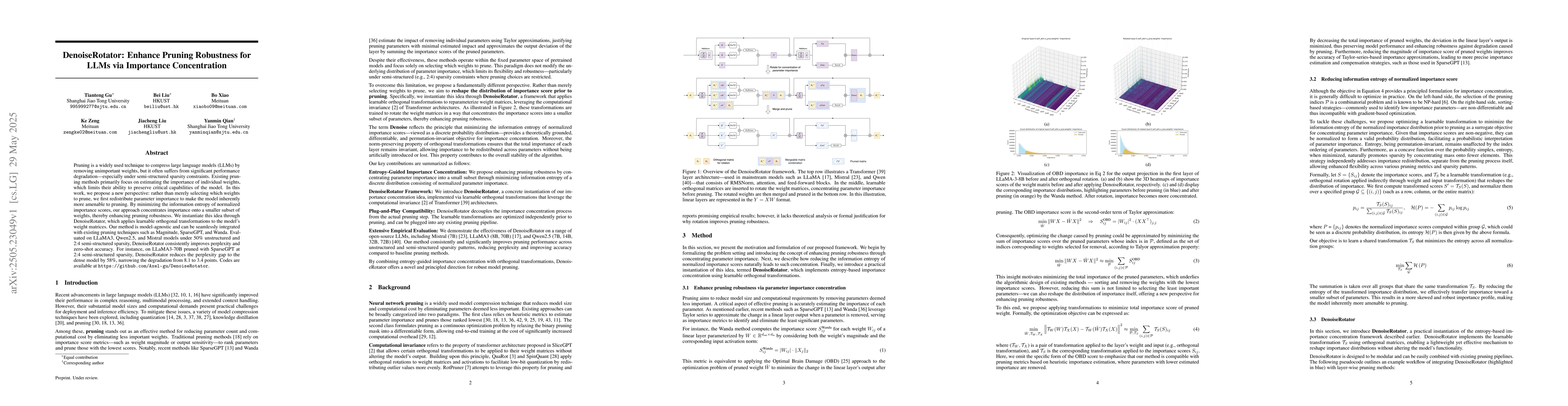 Thumbnail for DenoiseRotator: Enhance Pruning Robustness for LLMs via Importance
  Concentration