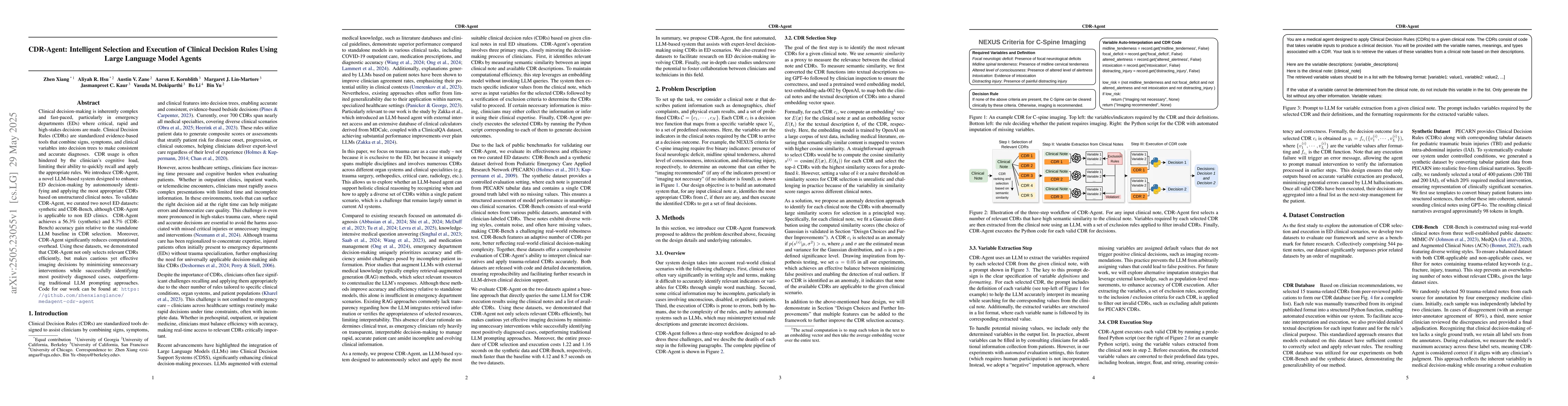 Thumbnail for CDR-Agent: Intelligent Selection and Execution of Clinical Decision
  Rules Using Large Language Model Agents