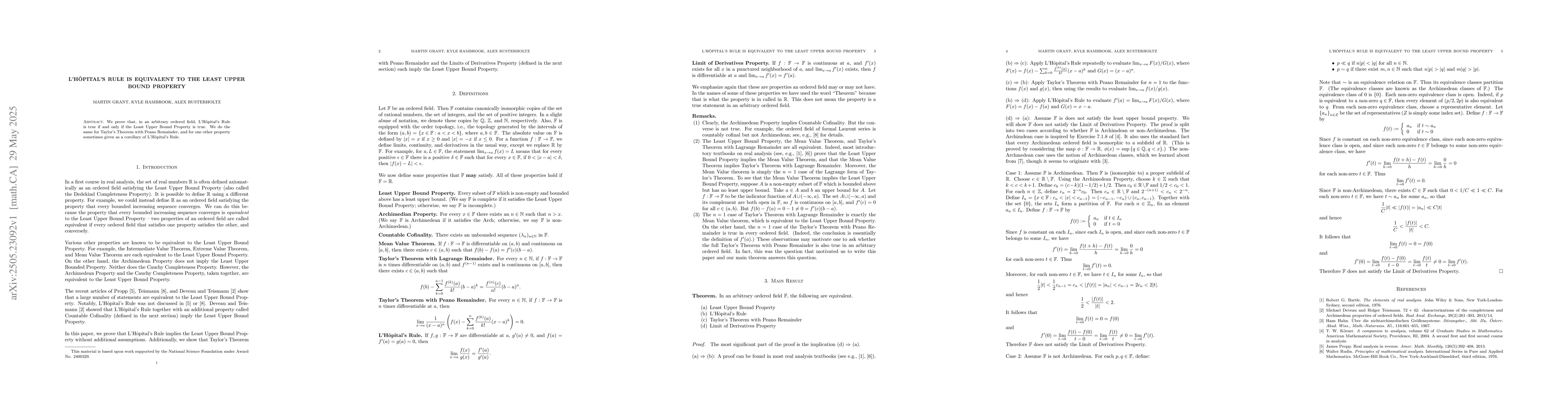 Thumbnail for L'Hôpital's Rule is Equivalent to the Least Upper Bound Property